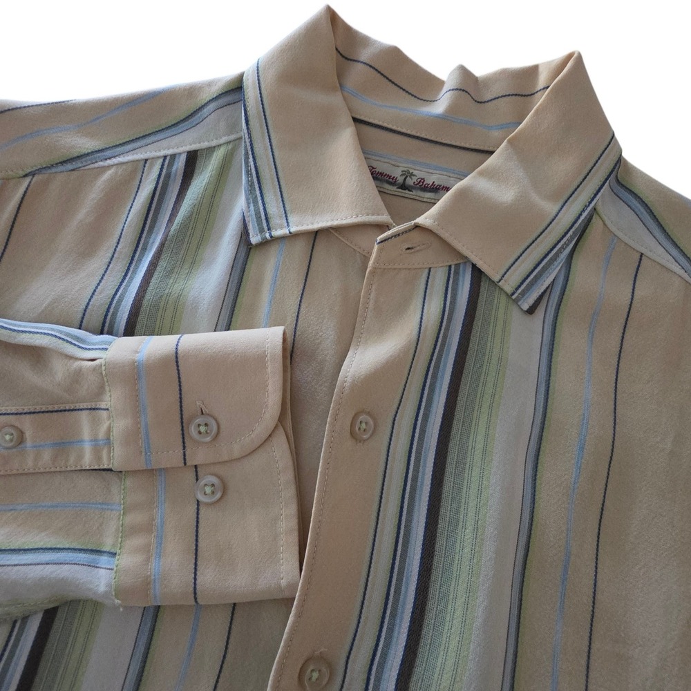 Tommy Bahama Mens Button Down Shirt Tan Stripe Tencel Lyocell Sz Small Flaw Hole